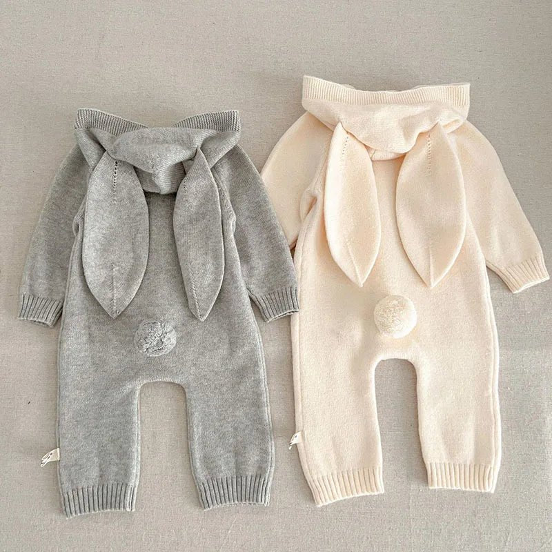 Autumn Winter Newborn Baby Boys Girl Knitted Jumpsuit Solid Color Knitting Hooded Infant Baby Bodysuits Children Knitted Clothes - Clothesfassion.store