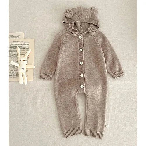 Autumn Winter Newborn Baby Boys Girl Knitted Jumpsuit Solid Color Knitting Hooded Infant Baby Bodysuits Children Knitted Clothes - Clothesfassion.store