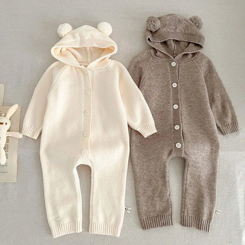 Autumn Winter Newborn Baby Boys Girl Knitted Jumpsuit Solid Color Knitting Hooded Infant Baby Bodysuits Children Knitted Clothes - Clothesfassion.store