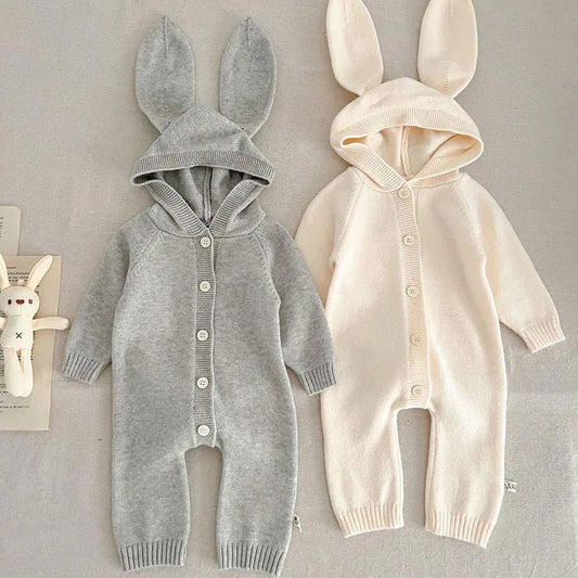 Autumn Winter Newborn Baby Boys Girl Knitted Jumpsuit Solid Color Knitting Hooded Infant Baby Bodysuits Children Knitted Clothes - Clothesfassion.store