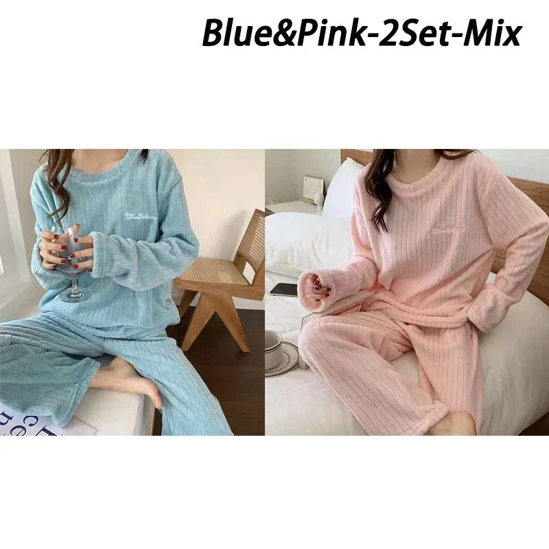 Autumn Women Solid Warm 2 Piece Sets Thicken Velvet Ribbed Fleece Set Pullover And Pants Women Casual Pajama Sets 2024 - Clothesfassion.store