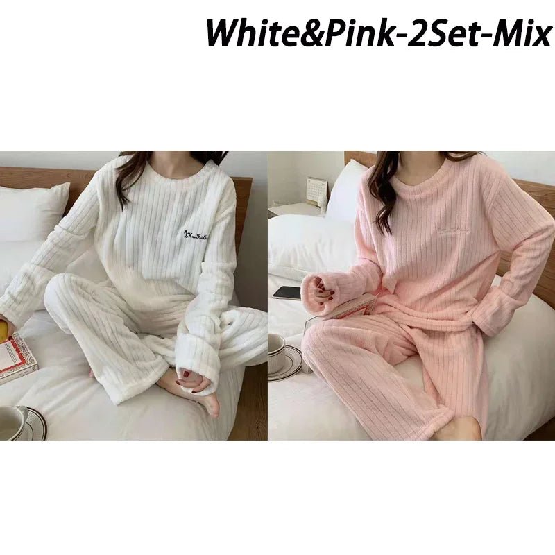 Autumn Women Solid Warm 2 Piece Sets Thicken Velvet Ribbed Fleece Set Pullover And Pants Women Casual Pajama Sets 2024 - Clothesfassion.store