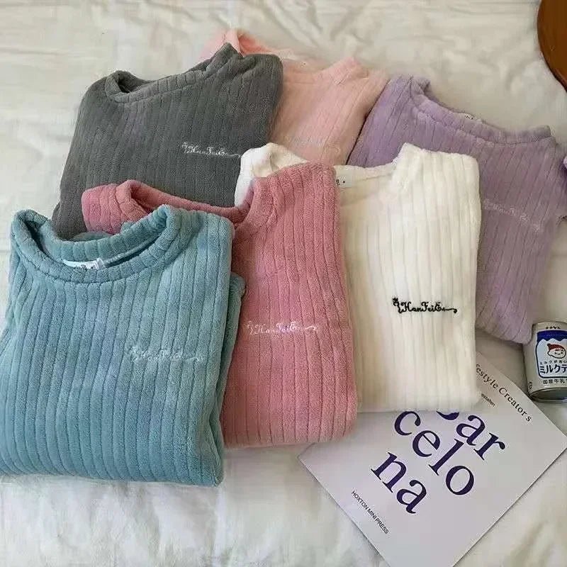 Autumn Women Solid Warm 2 Piece Sets Thicken Velvet Ribbed Fleece Set Pullover And Pants Women Casual Pajama Sets 2024 - Clothesfassion.store