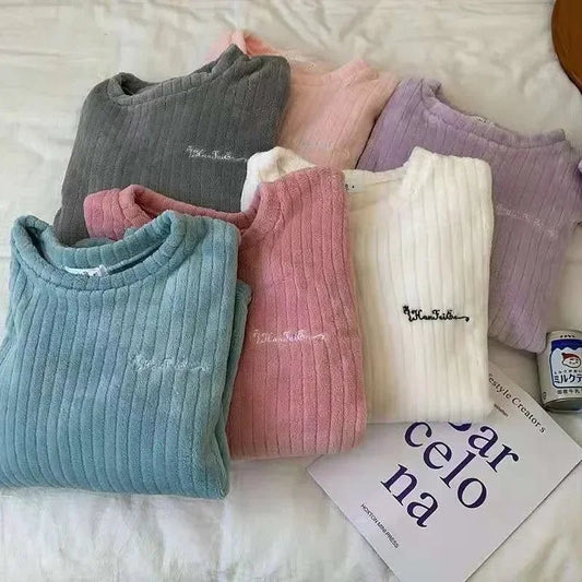 Autumn Women Solid Warm 2 Piece Sets Thicken Velvet Ribbed Fleece Set Pullover And Pants Women Casual Pajama Sets 2024 - Clothesfassion.store