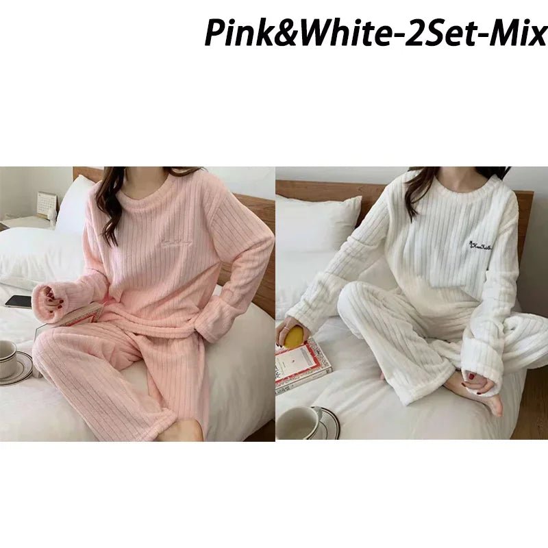 Autumn Women Solid Warm 2 Piece Sets Thicken Velvet Ribbed Fleece Set Pullover And Pants Women Casual Pajama Sets 2024 - Clothesfassion.store