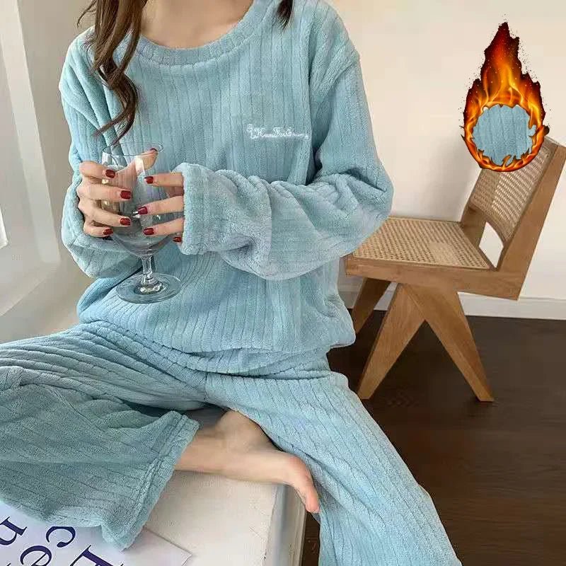 Autumn Women Solid Warm 2 Piece Sets Thicken Velvet Ribbed Fleece Set Pullover And Pants Women Casual Pajama Sets 2024 - Clothesfassion.store