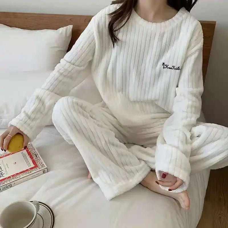 Autumn Women Solid Warm 2 Piece Sets Thicken Velvet Ribbed Fleece Set Pullover And Pants Women Casual Pajama Sets 2024 - Clothesfassion.store