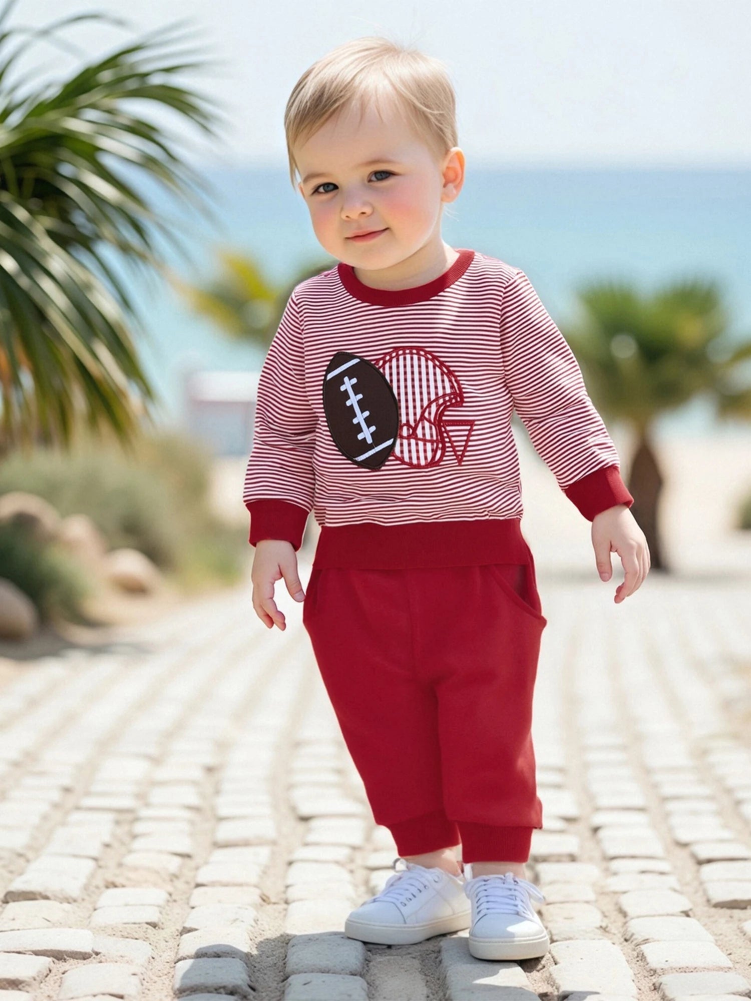 Baby Boy Autumn Clothing Set Rugby Embroidery Pattern Stripe Long Sleeve Sweatshirt Elastic Waist Solid Trousers 2 - Piece Suit - Clothesfassion.store