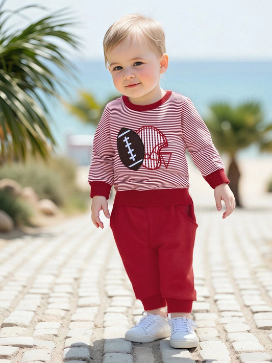 Baby Boy Autumn Clothing Set Rugby Embroidery Pattern Stripe Long Sleeve Sweatshirt Elastic Waist Solid Trousers 2 - Piece Suit - Clothesfassion.store