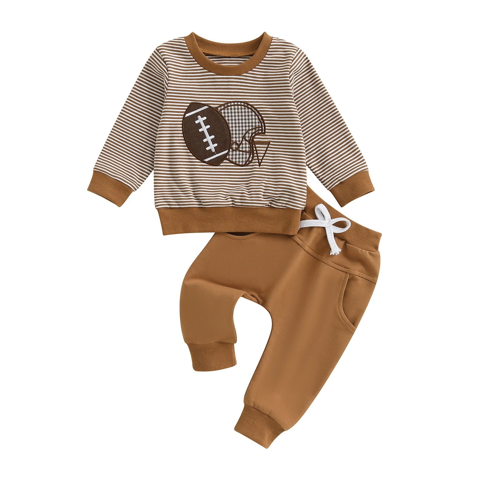Baby Boy Autumn Clothing Set Rugby Embroidery Pattern Stripe Long Sleeve Sweatshirt Elastic Waist Solid Trousers 2 - Piece Suit - Clothesfassion.store
