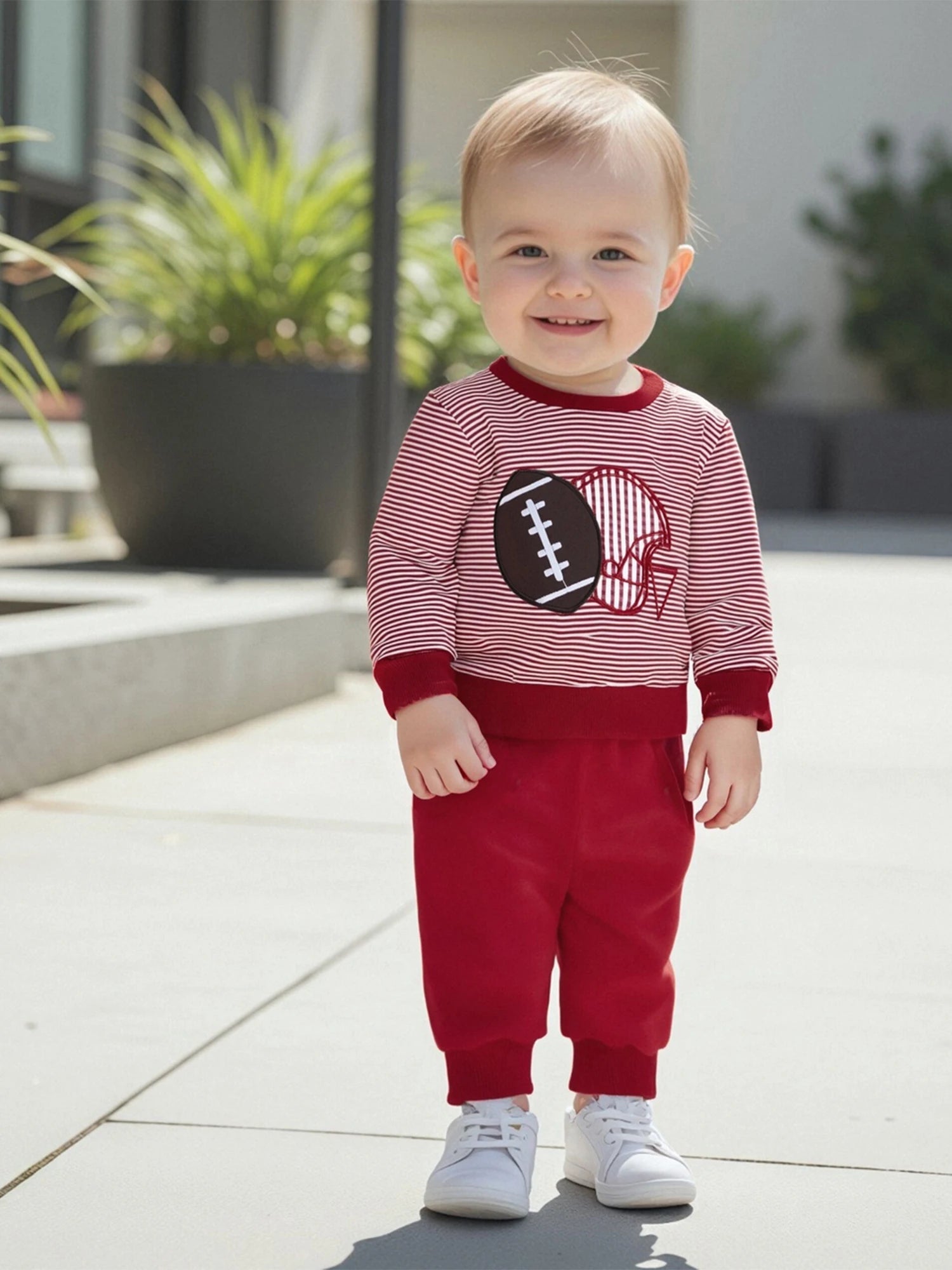 Baby Boy Autumn Clothing Set Rugby Embroidery Pattern Stripe Long Sleeve Sweatshirt Elastic Waist Solid Trousers 2 - Piece Suit - Clothesfassion.store