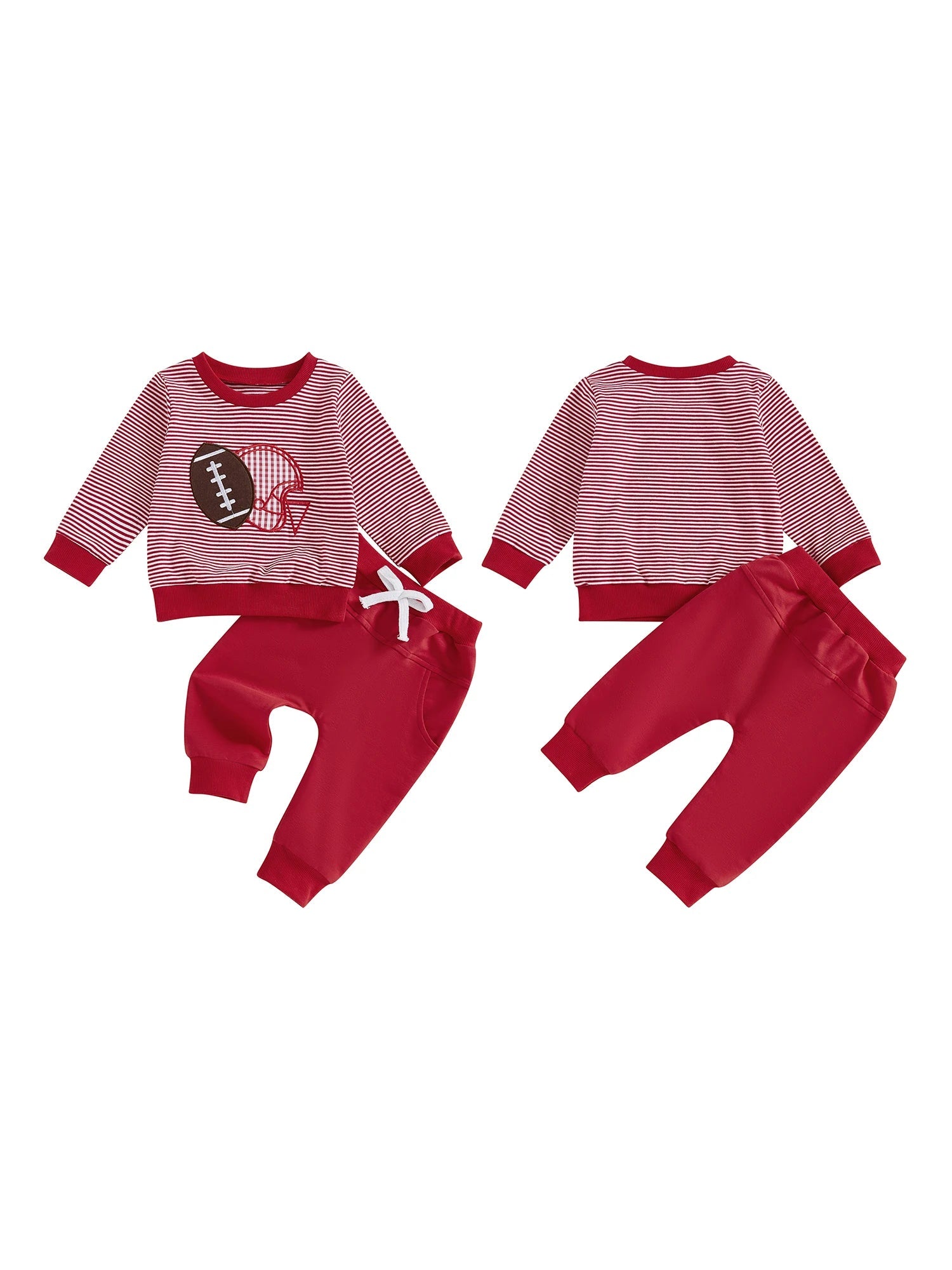 Baby Boy Autumn Clothing Set Rugby Embroidery Pattern Stripe Long Sleeve Sweatshirt Elastic Waist Solid Trousers 2 - Piece Suit - Clothesfassion.store