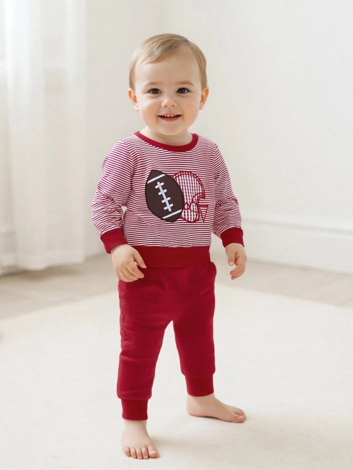 Baby Boy Autumn Clothing Set Rugby Embroidery Pattern Stripe Long Sleeve Sweatshirt Elastic Waist Solid Trousers 2 - Piece Suit - Clothesfassion.store