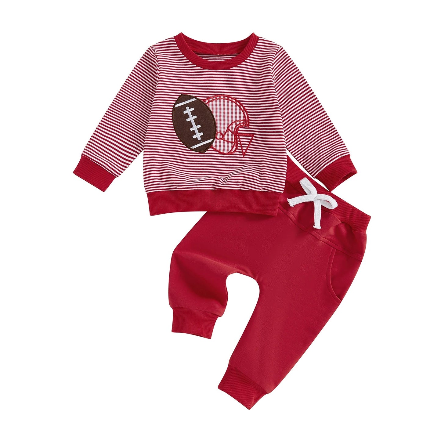 Baby Boy Autumn Clothing Set Rugby Embroidery Pattern Stripe Long Sleeve Sweatshirt Elastic Waist Solid Trousers 2 - Piece Suit - Clothesfassion.store