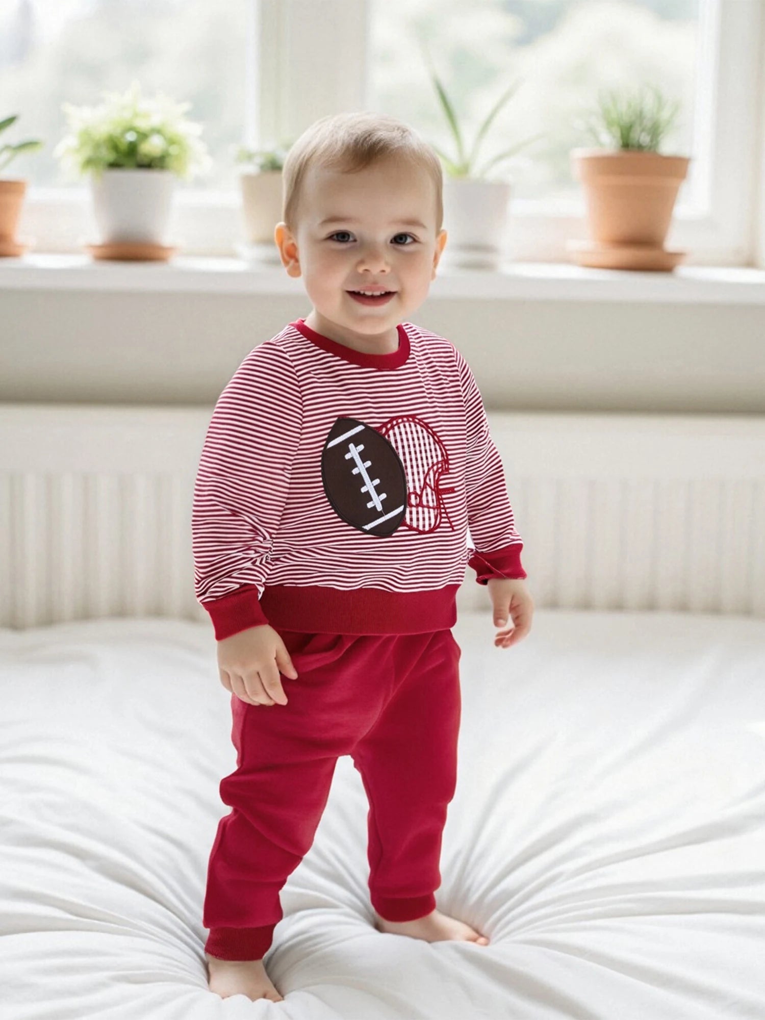 Baby Boy Autumn Clothing Set Rugby Embroidery Pattern Stripe Long Sleeve Sweatshirt Elastic Waist Solid Trousers 2 - Piece Suit - Clothesfassion.store