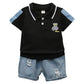 Baby clothes summer children's cartoon short sleeved set boys aged 0 - 5 solid color T-shirt denim shorts two - piece casual sportsw - Clothesfassion.store