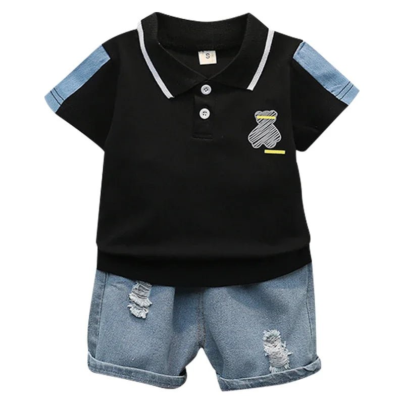 Baby clothes summer children's cartoon short sleeved set boys aged 0 - 5 solid color T-shirt denim shorts two - piece casual sportsw - Clothesfassion.store