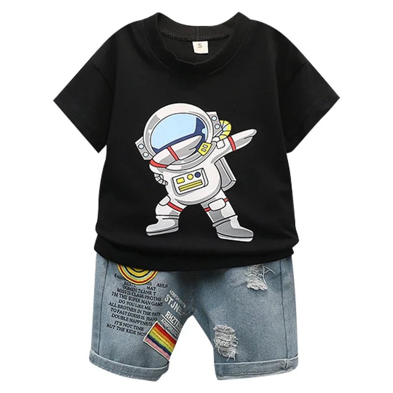 Baby clothes summer children's cartoon short sleeved set boys aged 0 - 5 solid color T-shirt denim shorts two - piece casual sportsw - Clothesfassion.store