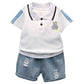Baby clothes summer children's cartoon short sleeved set boys aged 0 - 5 solid color T-shirt denim shorts two - piece casual sportsw - Clothesfassion.store