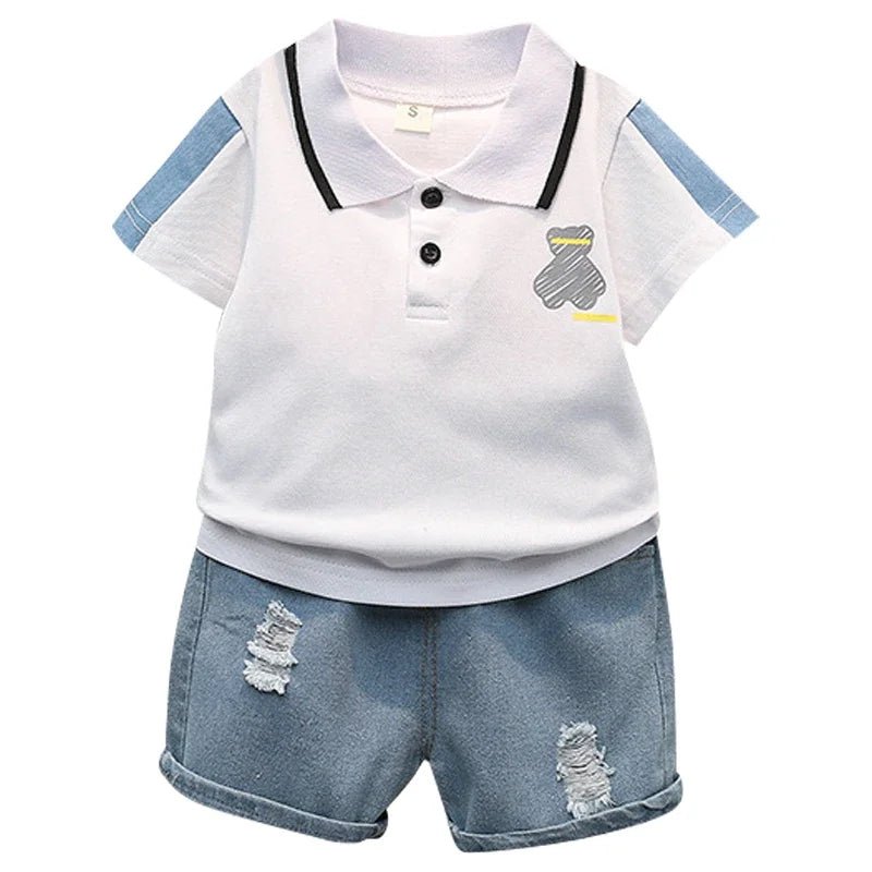 Baby clothes summer children's cartoon short sleeved set boys aged 0 - 5 solid color T-shirt denim shorts two - piece casual sportsw - Clothesfassion.store