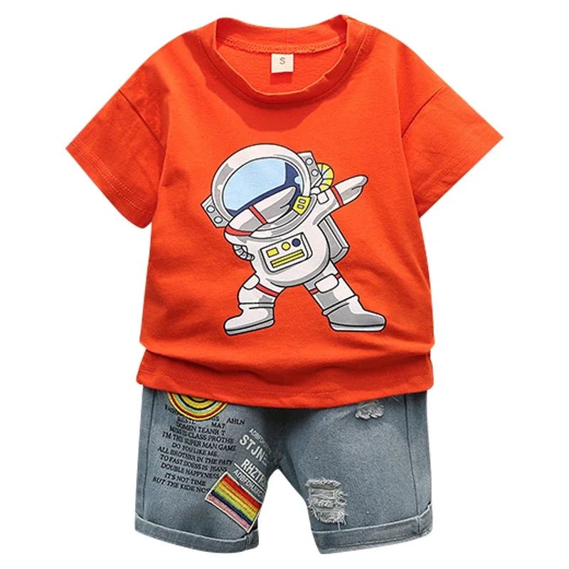 Baby clothes summer children's cartoon short sleeved set boys aged 0 - 5 solid color T-shirt denim shorts two - piece casual sportsw - Clothesfassion.store