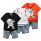 Baby clothes summer children's cartoon short sleeved set boys aged 0 - 5 solid color T-shirt denim shorts two - piece casual sportsw - Clothesfassion.store
