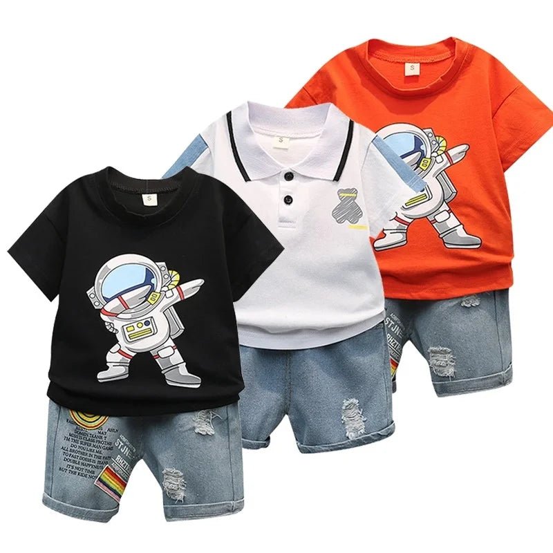 Baby clothes summer children's cartoon short sleeved set boys aged 0 - 5 solid color T-shirt denim shorts two - piece casual sportsw - Clothesfassion.store
