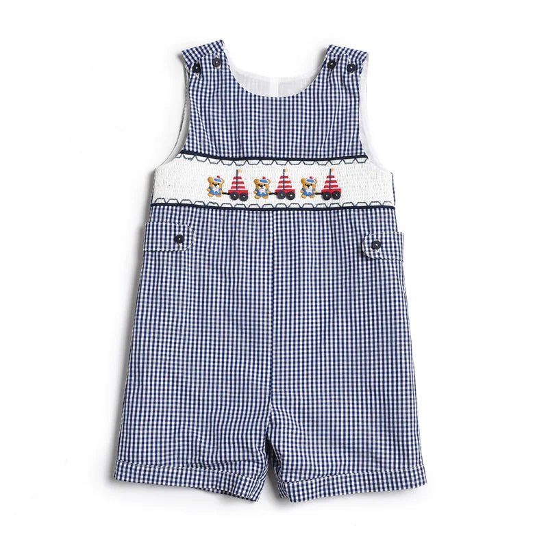 Baby Summer Clothes Boy Embroidery Suspenders Pants Children Plaid Leisure Suit Infants Smocked Clothing Kids Outfits - Clothesfassion.store