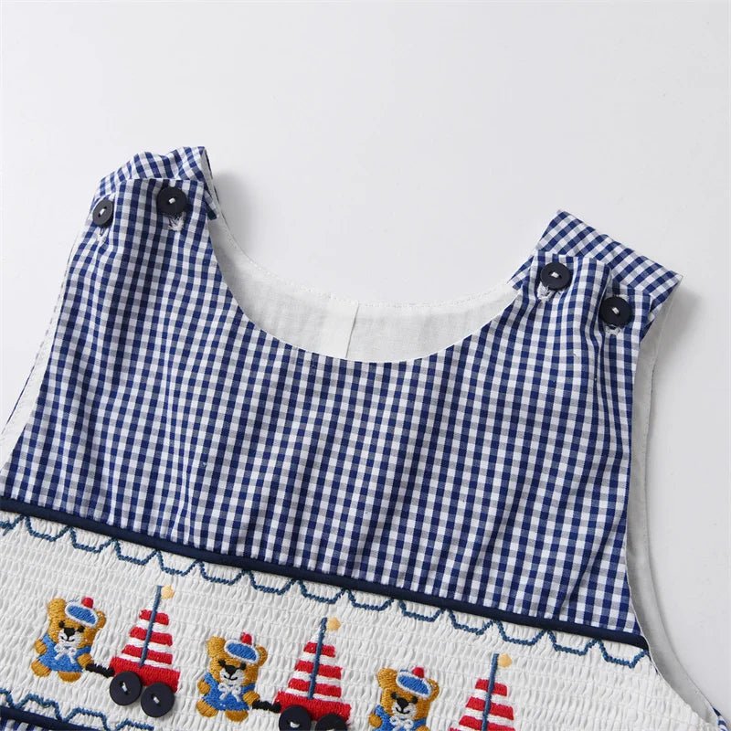 Baby Summer Clothes Boy Embroidery Suspenders Pants Children Plaid Leisure Suit Infants Smocked Clothing Kids Outfits - Clothesfassion.store