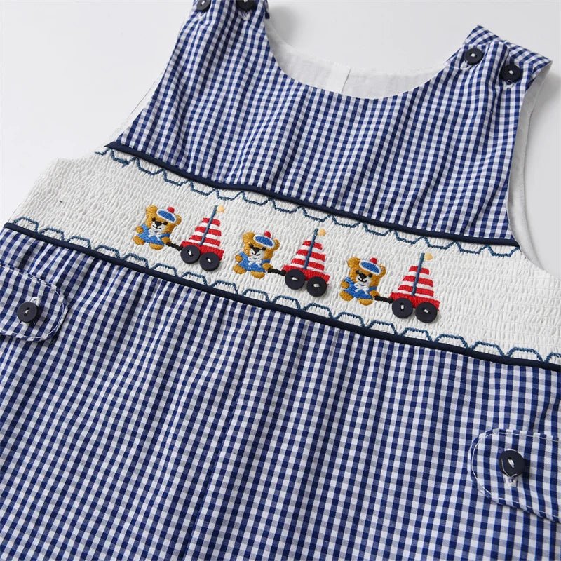 Baby Summer Clothes Boy Embroidery Suspenders Pants Children Plaid Leisure Suit Infants Smocked Clothing Kids Outfits - Clothesfassion.store