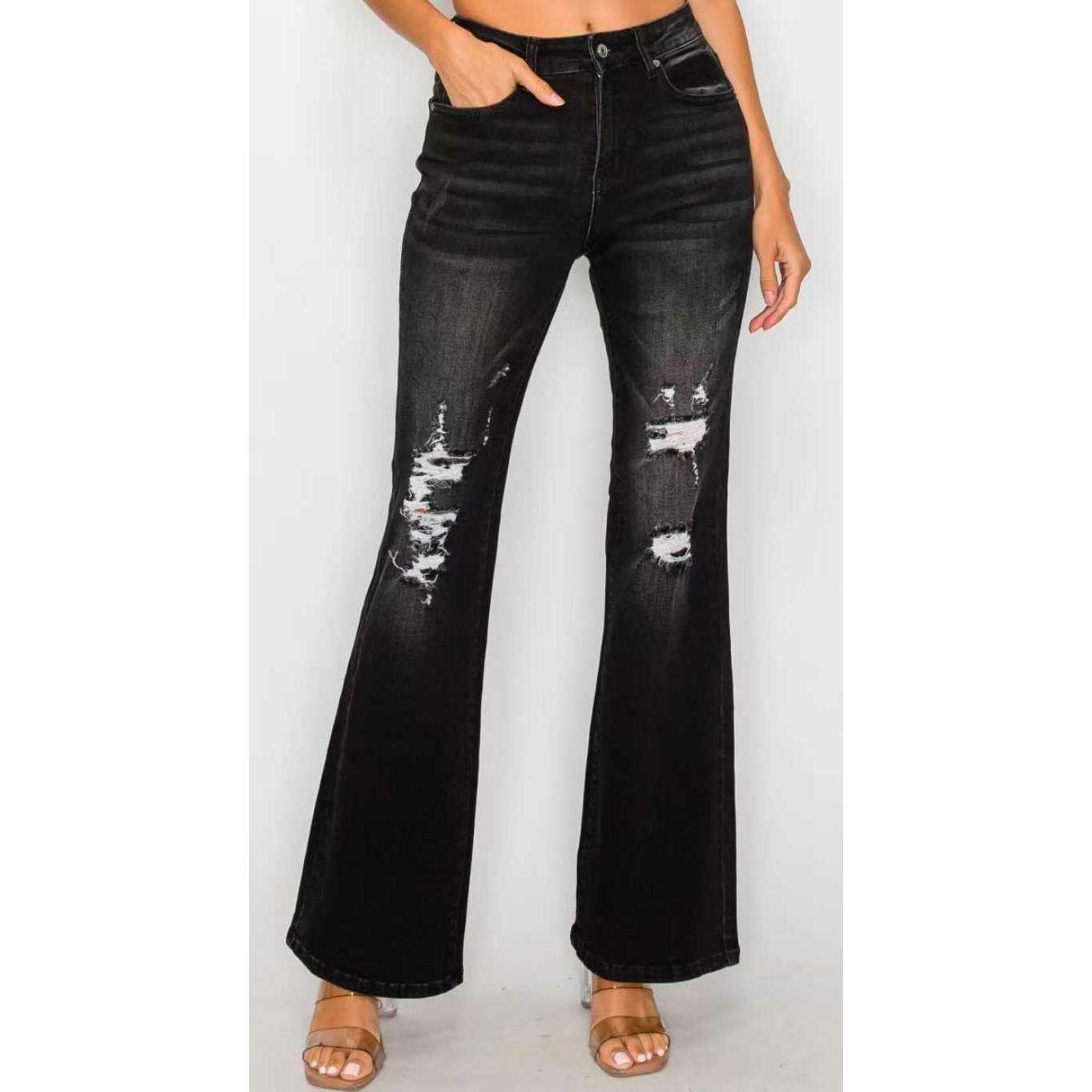 Black Low Waist Bell Bottom Jeans - Stretchy Slim Fit Fashion Denim - Clothesfassion.store