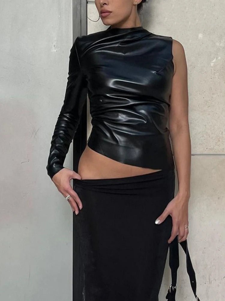 Black Y2k Top Folds Aesthetic Clothes O - Neck Roupas Femininas Estilosas One Shoulder Long Sleeve Ropa De Mujer Sexy Streetwear - Clothesfassion.store