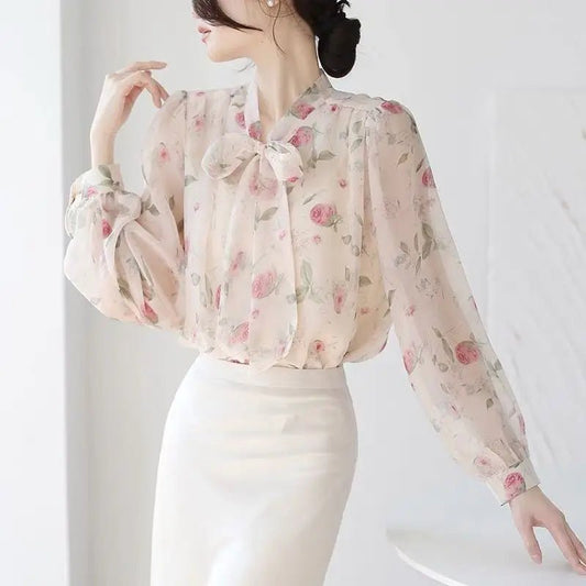 Blouse Women Pink Floral Tops Fall Newly Trendy Bow Vintage Gentle Sweet Casual French Puff Sleeve Ins Chic Stand Collar Lace - up - Clothesfassion.store