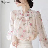 Blouse Women Pink Floral Tops Fall Newly Trendy Bow Vintage Gentle Sweet Casual French Puff Sleeve Ins Chic Stand Collar Lace - up - Clothesfassion.store
