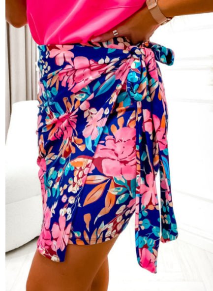Blue Floral Print Lace - up High Waist Bodycon Mini Skirt - Clothesfassion.store
