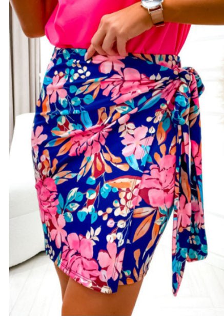 Blue Floral Print Lace - up High Waist Bodycon Mini Skirt - Clothesfassion.store