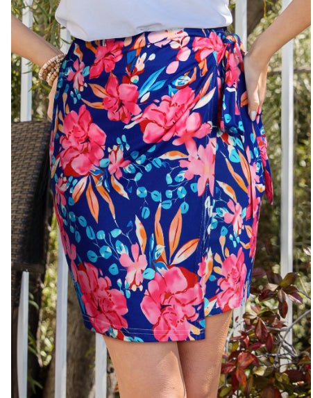 Blue Floral Print Lace - up High Waist Bodycon Mini Skirt - Clothesfassion.store