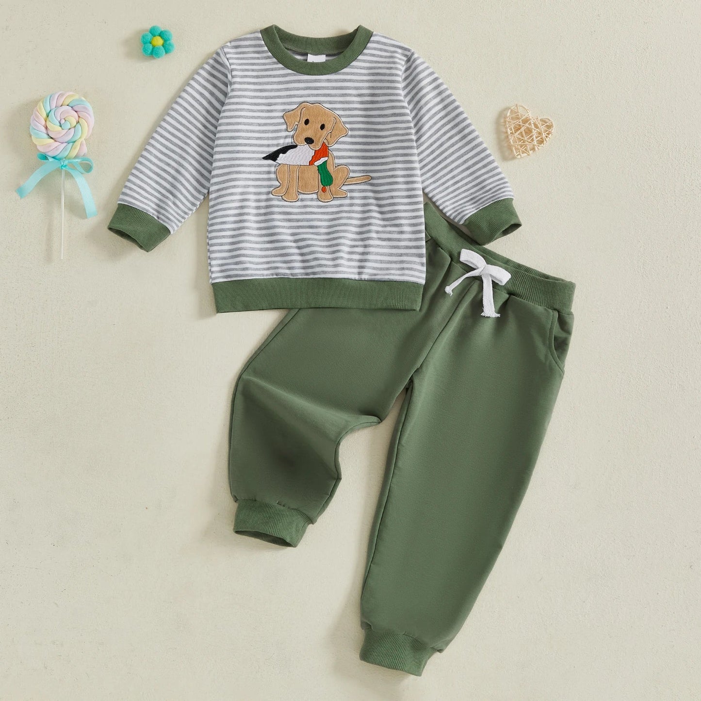 Boys 2 - Piece Set Stylish Long Sleeve Striped Embroidery Dog Sweatshirt with Elastic Waist Sweatpants for Fall Fashion - Clothesfassion.store