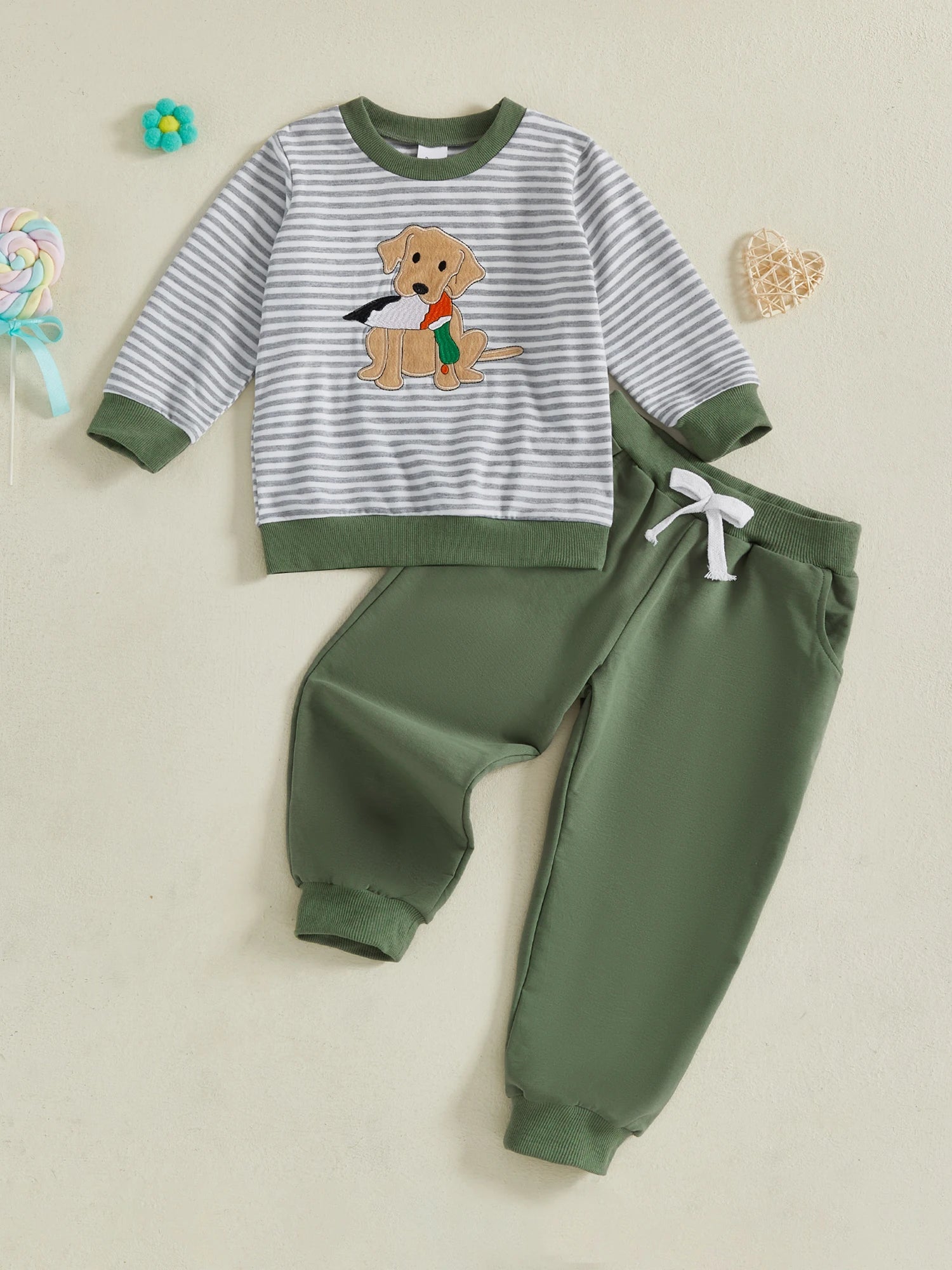 Boys 2 - Piece Set Stylish Long Sleeve Striped Embroidery Dog Sweatshirt with Elastic Waist Sweatpants for Fall Fashion - Clothesfassion.store