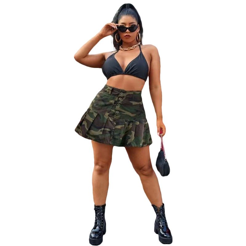 Camouflage Pleated Pocket Button Mini Skirt - Clothesfassion.store
