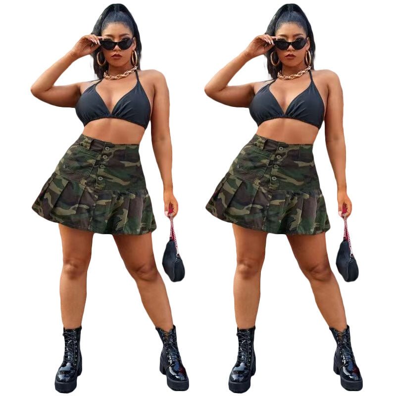 Camouflage Pleated Pocket Button Mini Skirt - Clothesfassion.store
