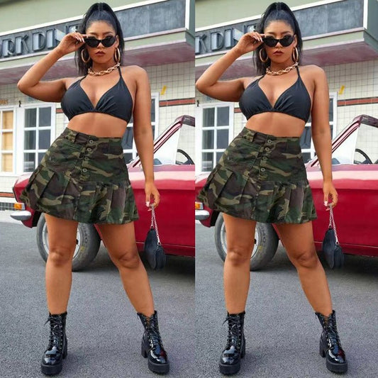 Camouflage Pleated Pocket Button Mini Skirt - Clothesfassion.store