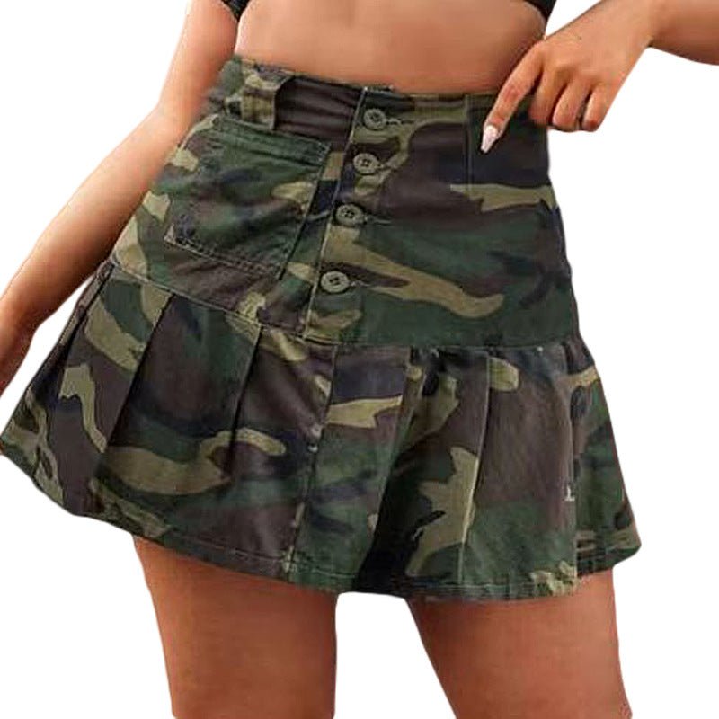 Camouflage Pleated Pocket Button Mini Skirt - Clothesfassion.store