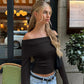 Candyhot Solid Elegant Off Shoulder Ribbed Crop Tops Autumn Fashion Casual Skinny Long Sleeve Camis Gentle Y2K Tight T-shirts - Clothesfassion.store