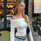 Candyhot Solid Elegant Off Shoulder Ribbed Crop Tops Autumn Fashion Casual Skinny Long Sleeve Camis Gentle Y2K Tight T-shirts - Clothesfassion.store