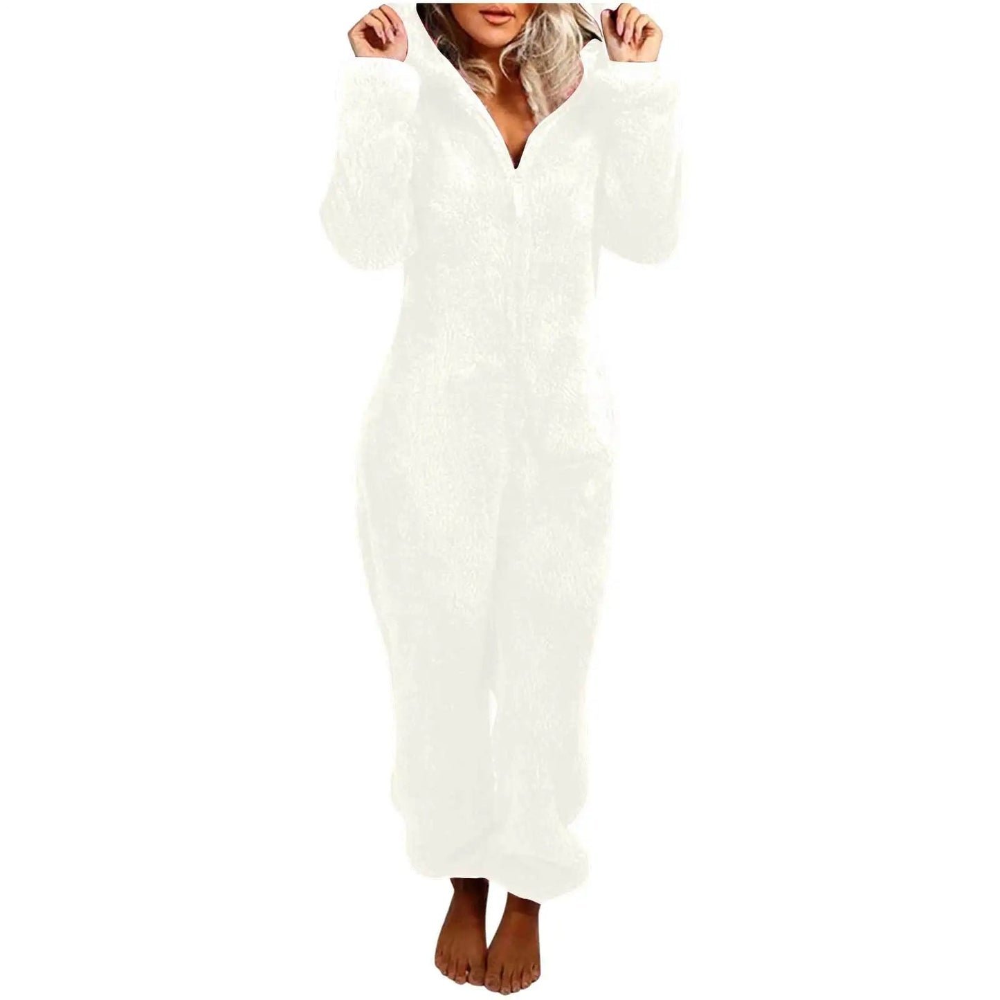 Casual Cute Women's Thick Warm Furry Jumpsuit One - Piece Solid color Hooded Pants Set Home Wear Comfortable Jumpsuits Overall - Clothesfassion.store