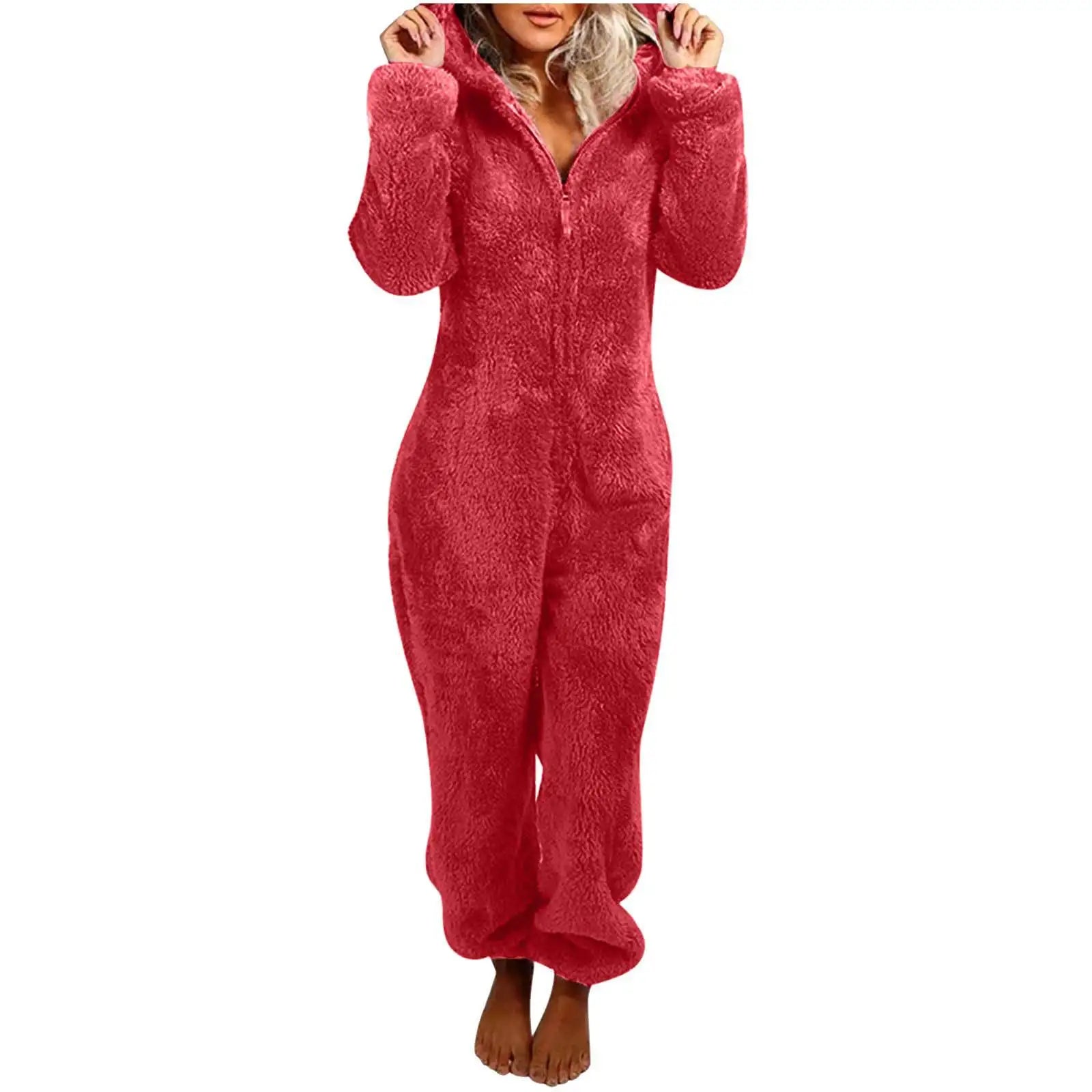 Casual Cute Women's Thick Warm Furry Jumpsuit One - Piece Solid color Hooded Pants Set Home Wear Comfortable Jumpsuits Overall - Clothesfassion.store