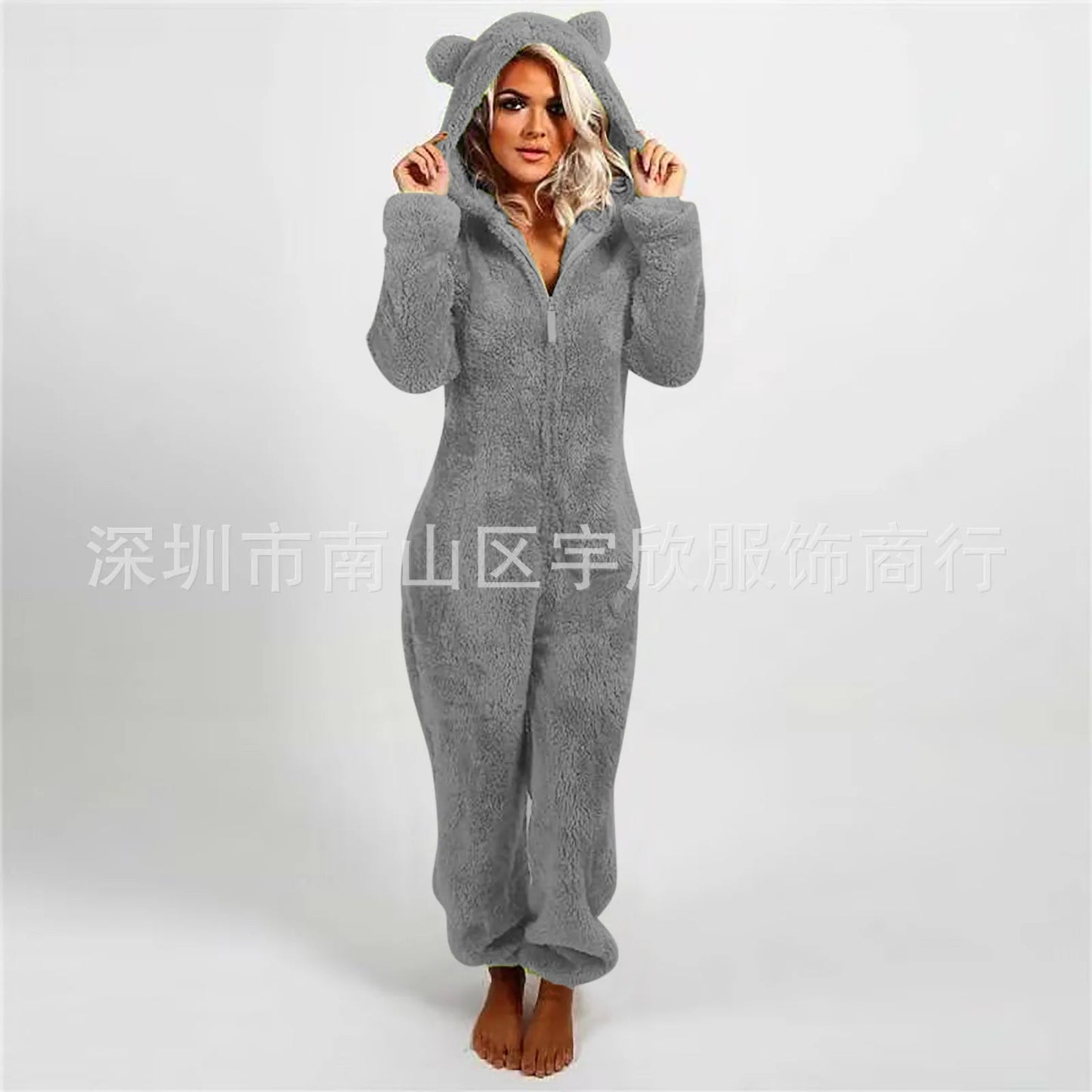 Casual Cute Women's Thick Warm Furry Jumpsuit One - Piece Solid color Hooded Pants Set Home Wear Comfortable Jumpsuits Overall - Clothesfassion.store