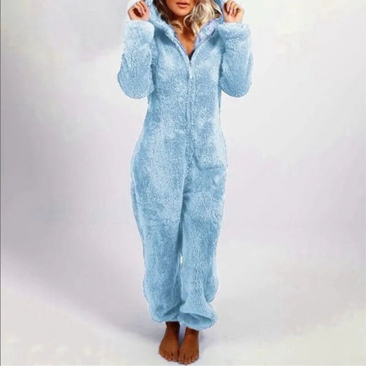 Casual Cute Women's Thick Warm Furry Jumpsuit One - Piece Solid color Hooded Pants Set Home Wear Comfortable Jumpsuits Overall - Clothesfassion.store