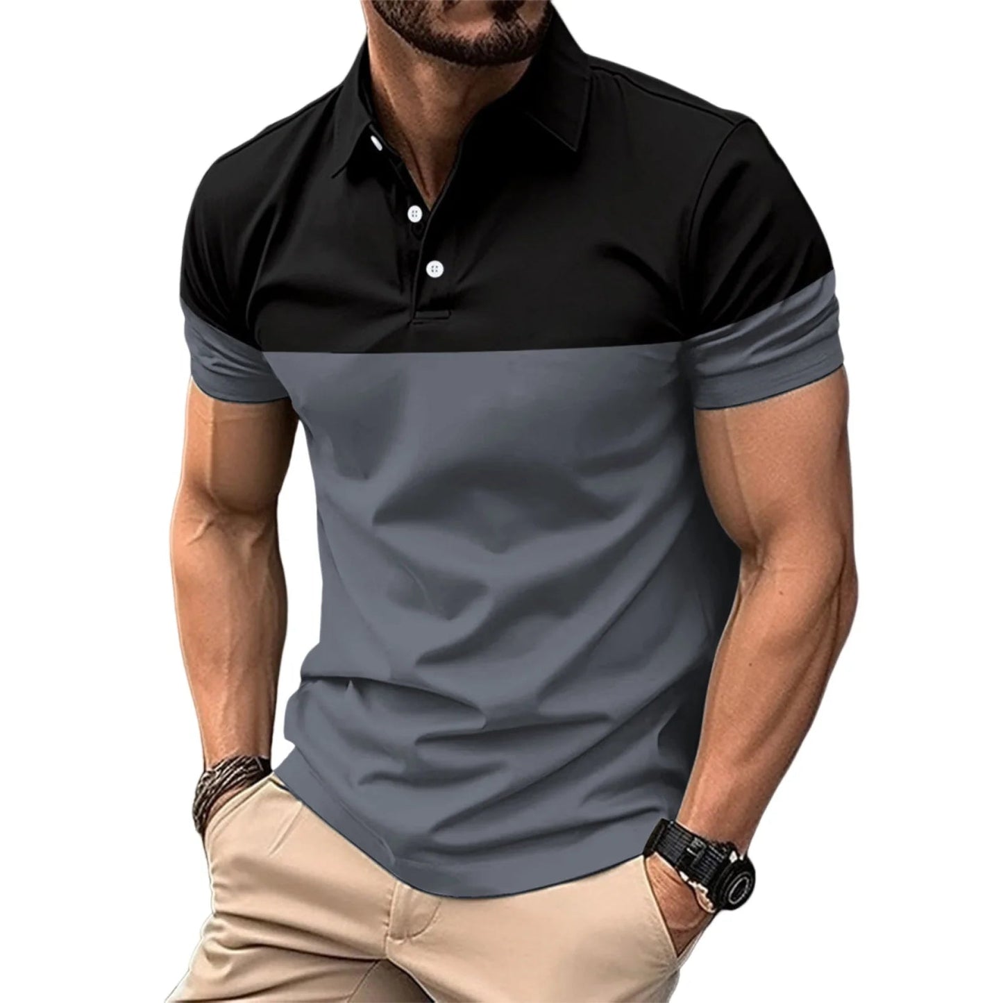 Casual Men s V Neck T-Shirt with Button Lapel and Stylish Contrast Color Design Perfect for Summer Outfits - Clothesfassion.store
